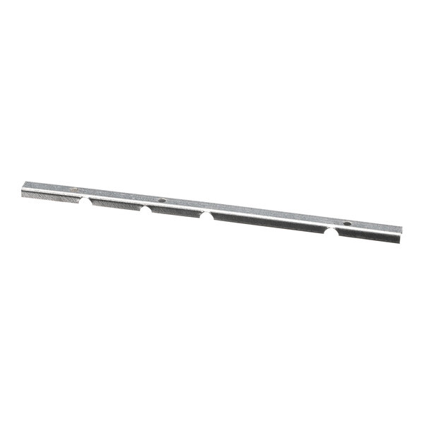 A long, narrow metal bar with evenly spaced notches and holes along its length.