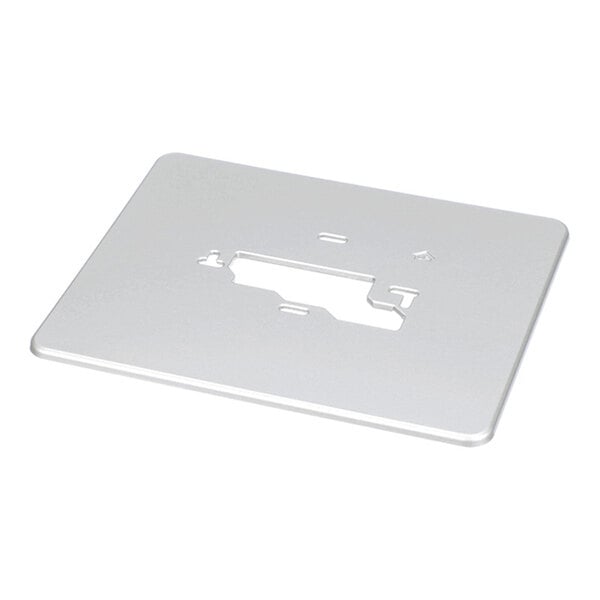 A rectangular metallic plate with a central cutout and rounded edges, likely used as a wall cover plate.