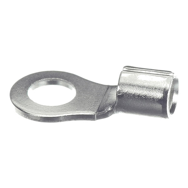A metallic ring terminal with a circular hole on one end and a cylindrical crimp section on the other.