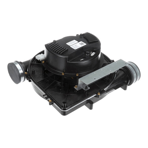 A black mechanical component with a central motor housing, two cylindrical side outlets, and a metal mounting bracket.