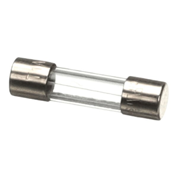 A small cylindrical glass fuse with metal caps on both ends.