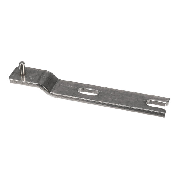 A flat, metallic component with a bent section, two elongated holes, a slotted end, and a small vertical pin on one side.