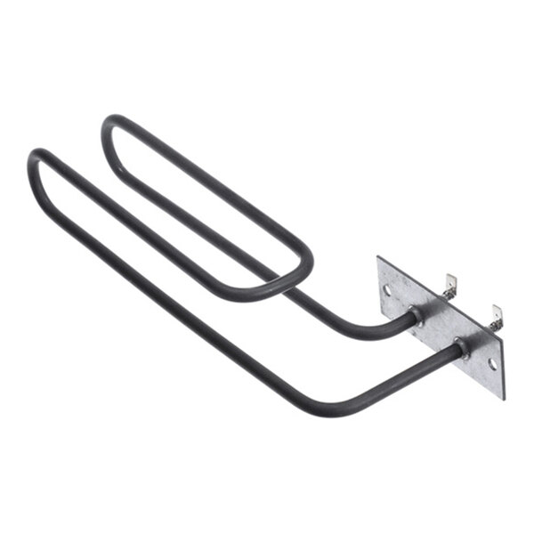 A metal heating element with a rectangular looped design and a mounting plate with electrical connectors.