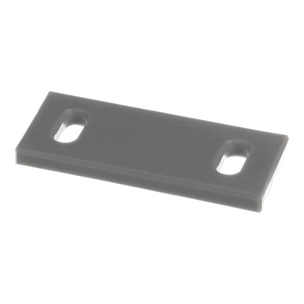 A rectangular, flat, dark-colored plate with two elongated holes near each end.