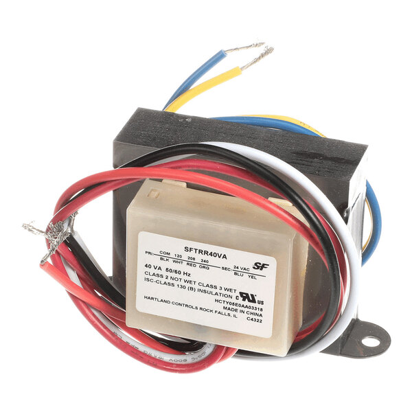 A small electrical transformer with multiple colored wires and a label indicating specifications.
