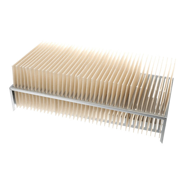 A rectangular metal frame holding multiple evenly spaced, vertical, beige wicking pads.