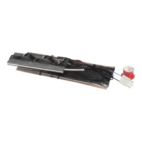 A rectangular metallic component with attached wires and connectors, including a red cylindrical part on one end.
