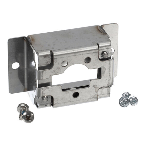 A metal bracket with mounting holes and included screws, shown from an angled view.