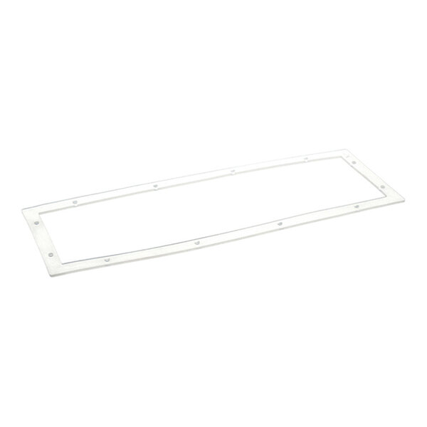 A rectangular, transparent gasket with multiple evenly spaced holes along its border, lying flat on a white surface.