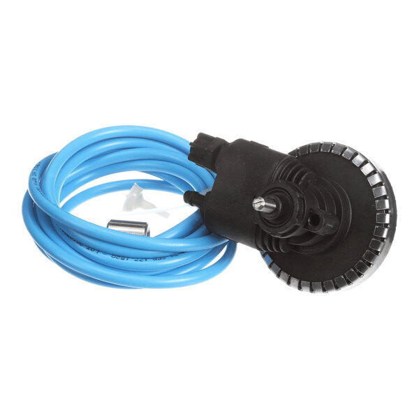 A black and silver circular device attached to a coiled blue cable.