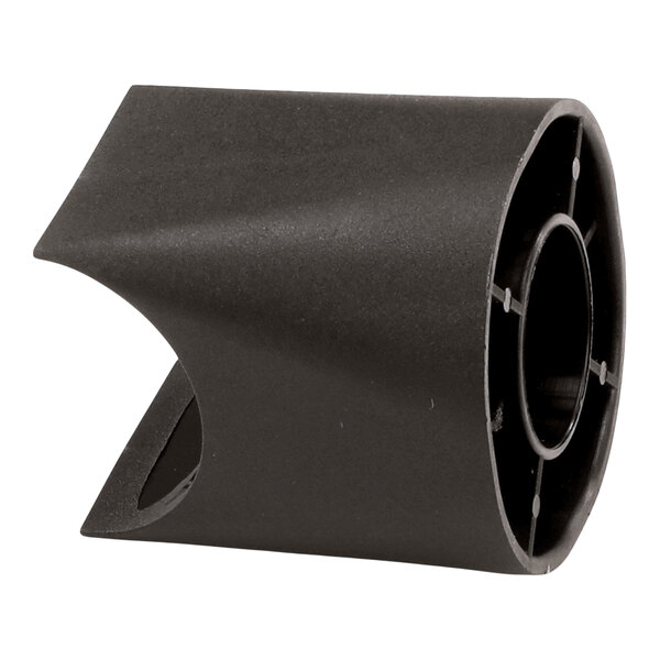 A black cylindrical plastic component with a hollow center and angled cutouts on the sides.