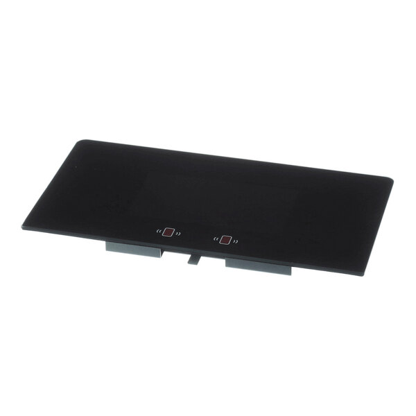 A rectangular black panel with two touch-sensitive buttons, each marked with a red square and sound wave symbols, likely part of an electronic interface.