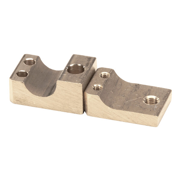 Two metallic bracket pieces with curved cutouts and multiple threaded holes, positioned side by side on a white background.