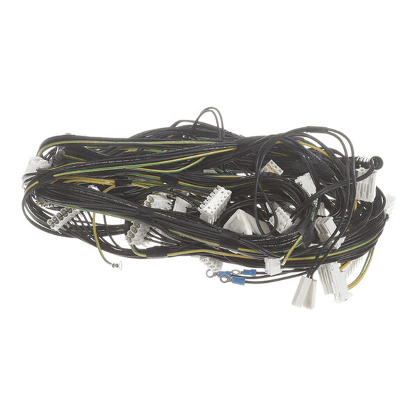 A bundle of black and yellow electrical wires with various white plastic connectors attached.