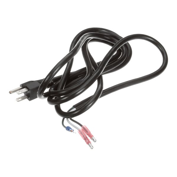 A black power cord with a three-prong plug on one end and three exposed wire connectors on the other end, one with a blue tip and two with red tips.