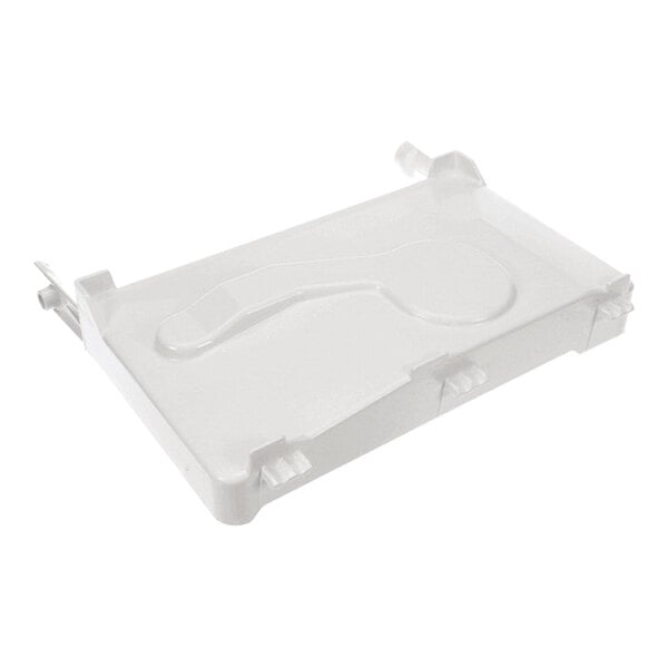 A white rectangular plastic tray with raised edges and molded contours, featuring several clips and protrusions on the sides.