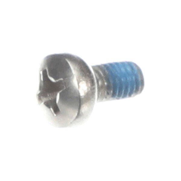 A metal screw with a Phillips head and blue thread-locking compound on the threads.
