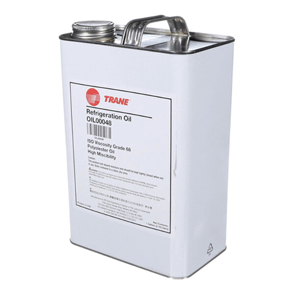 A rectangular metal canister with a handle and screw cap, labeled as Trane refrigeration oil.