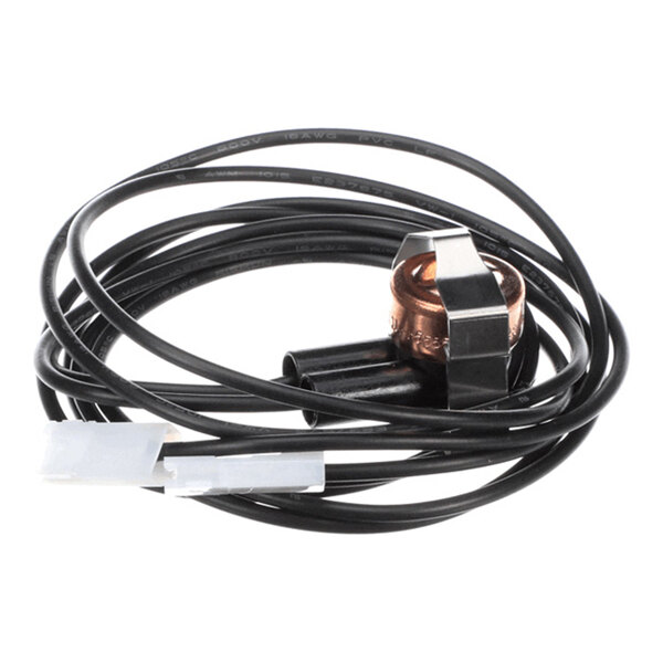 A coiled black cable with a copper and black sensor component attached, featuring a metal clip and white connector at the end.