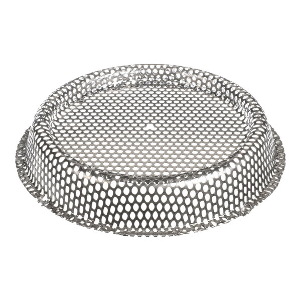 A round, perforated metal mesh tray with raised edges.