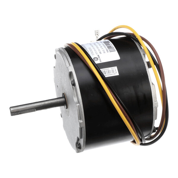 A cylindrical electric motor with a protruding shaft and attached wires in yellow, brown, and black.