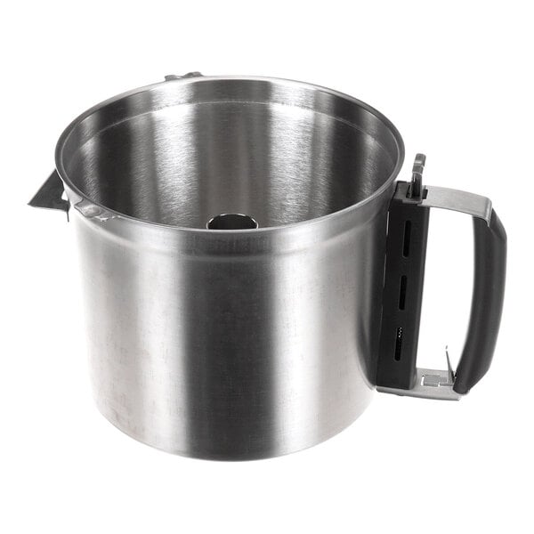 A stainless steel mixing bowl with a black handle and a spout on one side.