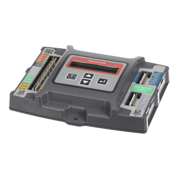 A rectangular electronic control module with a digital display, labeled buttons, and multiple color-coded terminal connections.