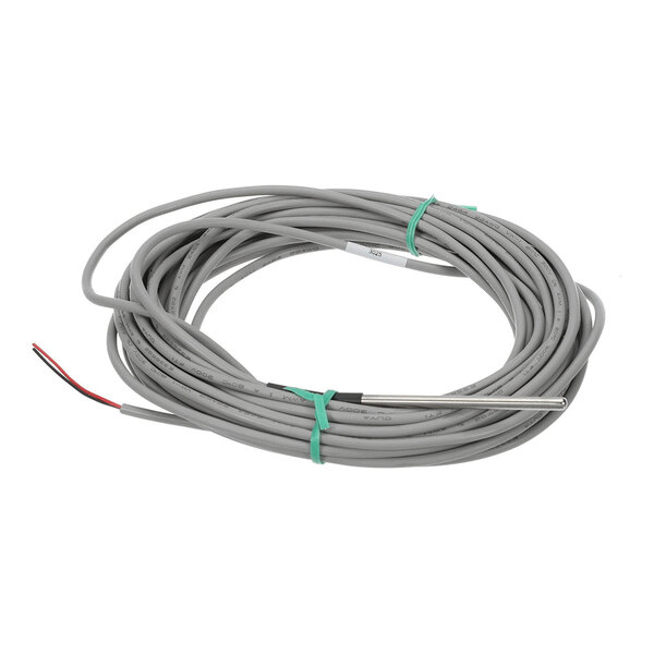 A coiled gray cable with a metallic cylindrical sensor on one end and exposed wires on the other end.