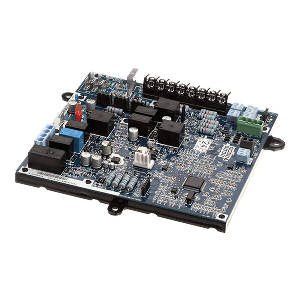 A rectangular electronic circuit board with various components including capacitors, resistors, relays, connectors, and integrated circuits mounted on its surface.