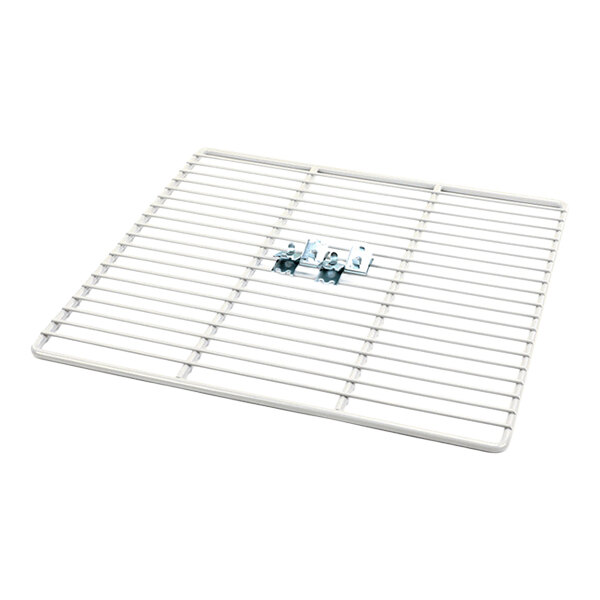 A rectangular metal wire shelf with evenly spaced bars and a small set of mounting hardware placed in the center.