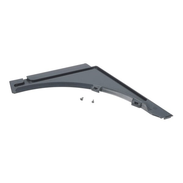 A triangular, dark-colored plastic component with a curved edge and two small screws placed nearby.