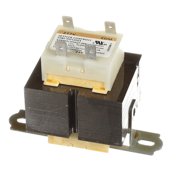A metal and plastic electrical transformer with four metal terminals on top and mounting brackets on the sides.