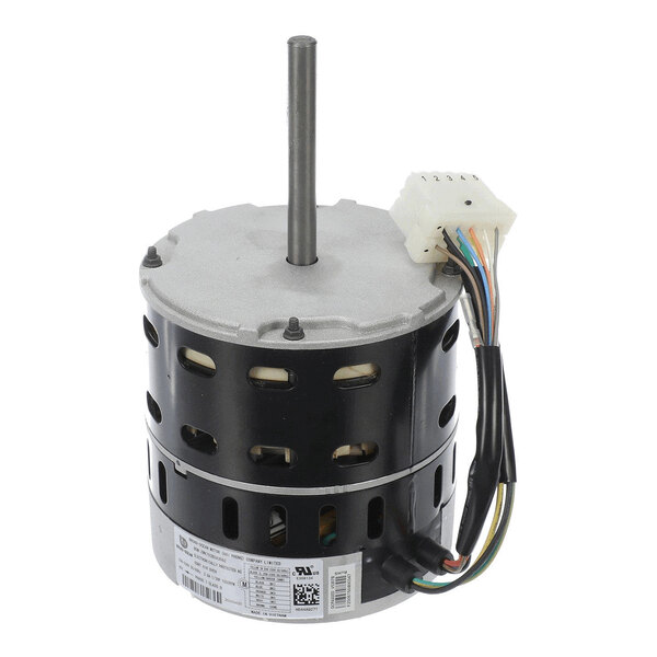 A cylindrical electric motor with a central shaft, multiple ventilation slots, and a bundle of colored wires connected to a white plastic connector.