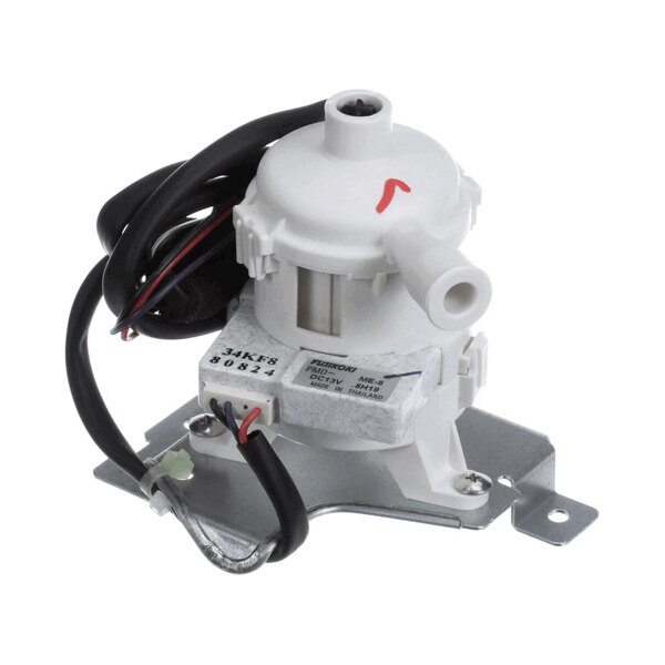 A white and gray mechanical pump assembly with attached black wires and a metal mounting bracket.
