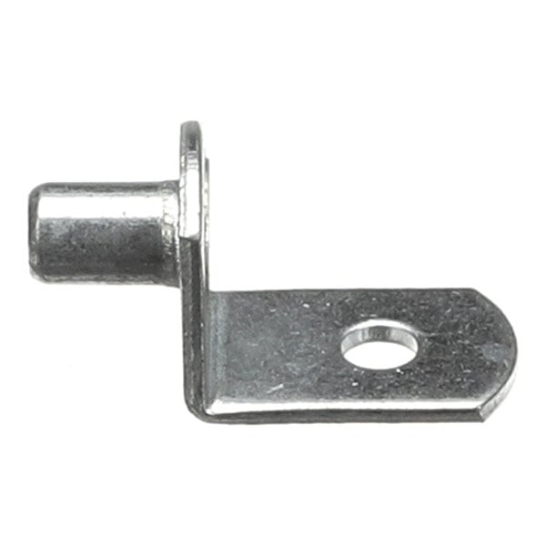 A small, L-shaped metal bracket with a cylindrical peg on one end and a hole on the flat section.