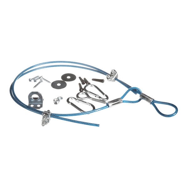 A blue metal cable with loops at both ends, accompanied by various metal hardware pieces, washers, screws, and clips.