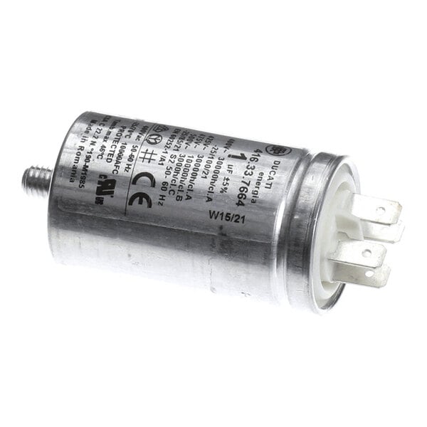 A cylindrical metallic capacitor with printed specifications and three electrical terminals on one end.