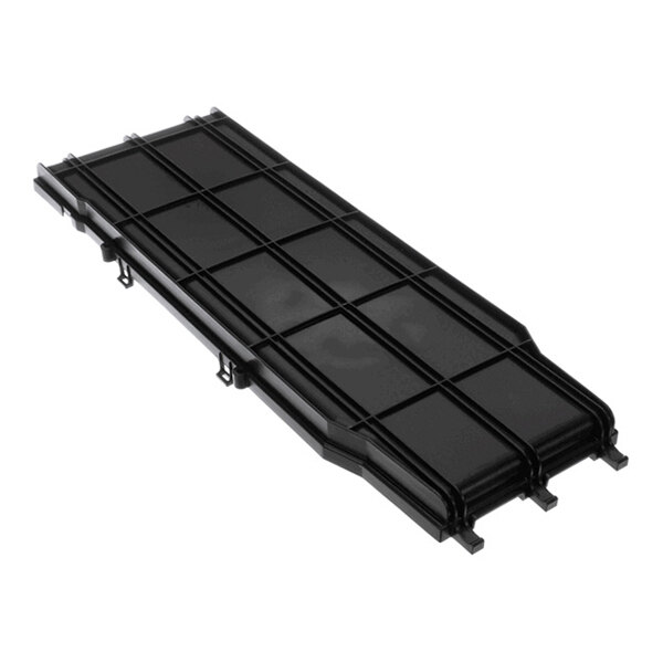 A rectangular black plastic cover with a grid pattern and small clips along the edges.