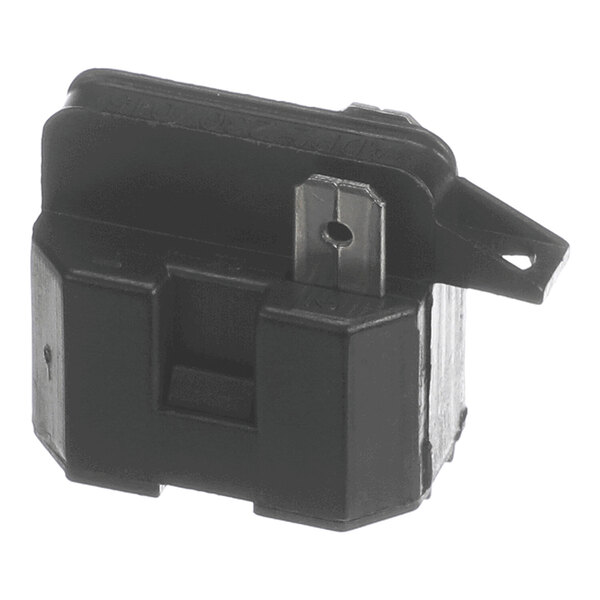 A black rectangular plastic component with a metal prong and a mounting tab, likely an electrical or mechanical adaptor part.