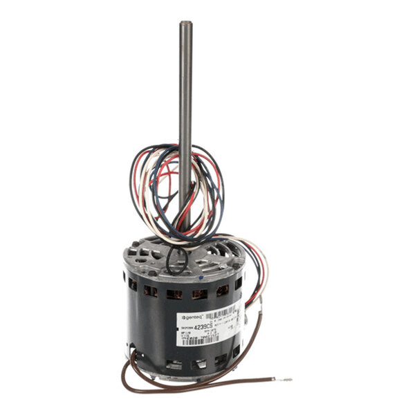 A cylindrical electric motor with a long central shaft and several colored wires coiled around it.