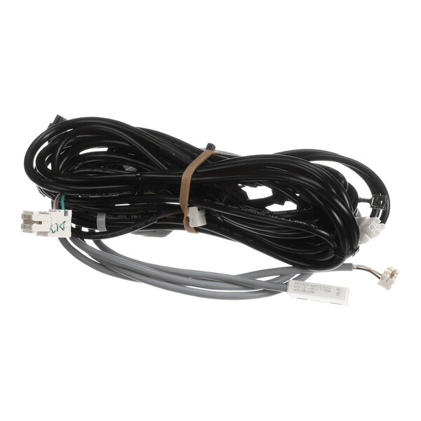A bundle of black and gray cables with connectors, secured by a rubber band.