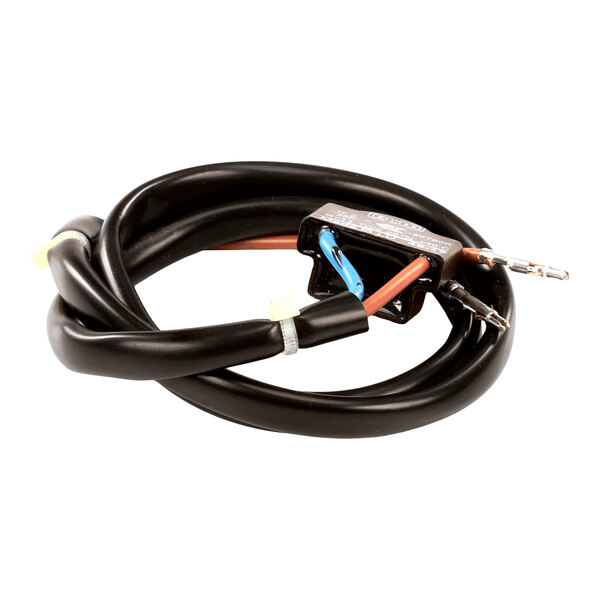 A coiled black cable with exposed wires and a small rectangular component attached.