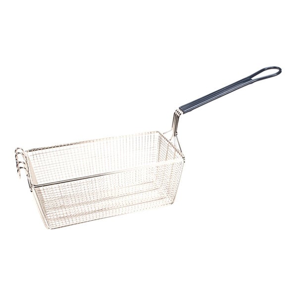 A rectangular wire mesh basket with a long blue handle, typically used for deep frying.