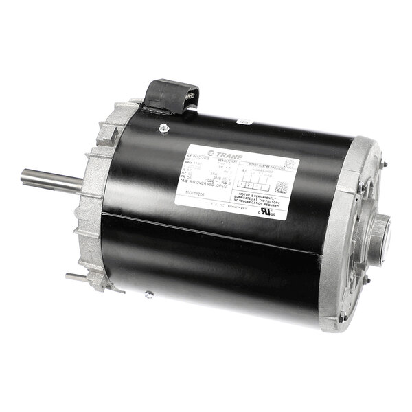 A cylindrical electric motor with a black body, metallic ends, a protruding shaft, and a label with technical specifications.