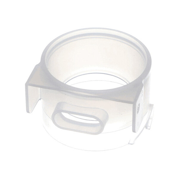 A transparent, cylindrical plastic component with a side opening and mounting tabs.