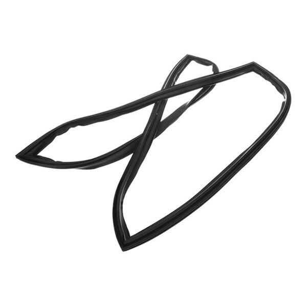 Two black, flexible rubber-like gaskets are shown crossed over each other on a white background.