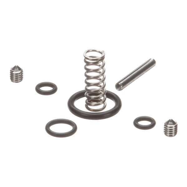A set of small mechanical parts including a metal spring, two screws, a cylindrical pin, and several rubber O-rings arranged on a white background.