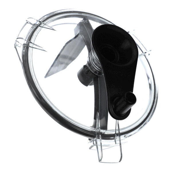 A transparent circular lid with a black spout and attached metal blades.