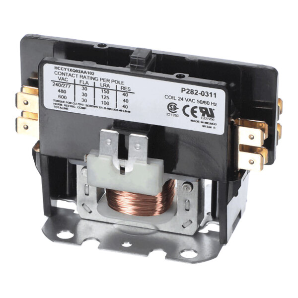 A single-pole electrical contactor with a visible copper coil, metal mounting base, and labeled specifications on the front panel.