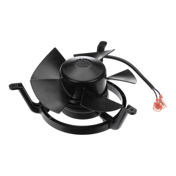 A black fan motor with attached blades and a connected wire ending in a red plastic connector, shown on a white background.